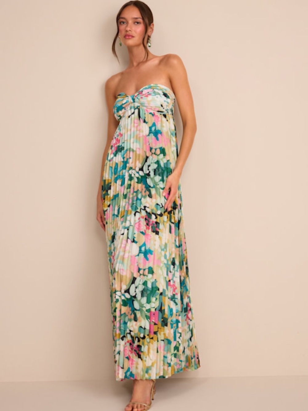 Lulus Whimsical Beauty Multi Floral Satin Plisse Strapless Maxi Dress Green